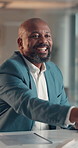 Handshake, interview and welcome with business black man in office for onboarding or recruitment. Hiring, human resources and job opportunity with mature employee shaking hands for greeting at work
