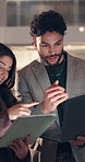 Tablet, laptop and business people in office at night with collaboration on finance report. Discussion, digital technology and team of financial advisors working on investment proposal in workplace.