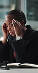 Headache, night or black woman in office with pain, overworked or stress in missed deadline. Fatigue, pressure or consultant in agency with migraine, vertigo or burnout in late shift task management.