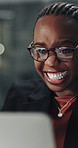 Business, night and black woman with laptop, glasses and financial agency with celebration. African person, evening or investor with pc, reflection or success with achievement and profit increase