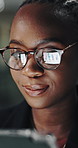 Night, business and black woman with tablet in office for data analysis, report or plan for investment. Reflection, late or analyst read with tech to review stats, research profit opportunity or risk