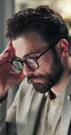 Night, reading and stress with business man in office for burnout, frustration or problem solving. Anxiety, glasses and information with employee in workplace for evening deadline or solution