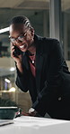 Night, businesswoman or talk in office with phone call for international client, project plan or feedback. Late, black person and contact with tech for b2b networking, idea proposal and conversation.