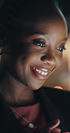 Night, smile and tablet with business black woman in office for financial review or update. App, finance and reading with happy African employee in workplace for evening accounting or report