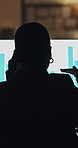 Phone call, night or woman in office with graphs, budget proposal or trade deal at monitor screen. Back, contact or financial analyst in agency with tech, networking or investor feedback in overtime