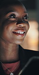 Night, tablet and thinking with business black woman in office for financial review or update. App, finance and planning with happy African employee in workplace for evening accounting or report