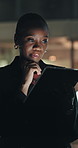 Solution, tablet and thinking with business black woman in office at night for financial review. App, finance and problem solving with African employee in workplace for evening accounting or report