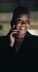 Night, businesswoman and tablet in office with phone call for b2b client, idea proposal and feedback. Late, black person and report discussion with tech for contact, research and project management.