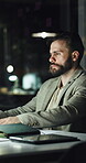 Business, man and typing in office at night for accounting, research and financial planning. Male person, computer and email for budget report, finance audit and information for investment deadline