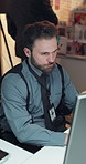 Detective, man and typing on computer in office for online surveillance, evidence report or night. Crime investigation, coworking and tech in precinct for case management, criminal trace and justice