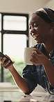 Coffee, laughing and phone with black woman in kitchen of home for social media browsing. App, drink and funny with happy African person in apartment for communication, meme or typing text message