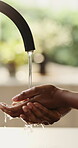 Hygiene, washing hands and person with water by faucet, bacteria and germ prevention for wellness. Disinfection, self care or woman rinse with liquid in home, cleaning and health maintenance practice