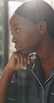 Black woman, morning and anxiety with thinking in bedroom for mistake, fear or financial loss. Disappointed, worry or female person in home with stress for mental health crisis, debt or pressure