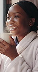 Happy, thinking and black woman in bedroom, coffee and calm with caffeine, remember and home. Apartment, espresso and African person with morning routine, reflection and peaceful with smile and relax