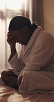 Black woman, morning and stress with depression in bedroom for mistake, fear or financial loss. Disappointed, panic or female person in home with anxiety for mental health crisis, debt or pressure