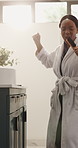 Dancing, hair brush and black woman in bathroom, singing and happiness with energy. Home, start day and African person with karaoke, voice and morning routine with beauty maintenance and performance
