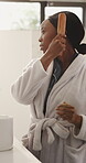 Morning, bathroom and black woman with hairbrush in home for grooming, hygiene and wellness. Cosmetic, routine and African person with mirror for beauty, self care and healthy texture for growth