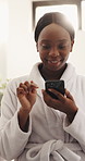 Laugh, bathroom and black woman with phone in home for social media, online chat and connection. Morning routine, happy and person on smartphone typing message for grooming, wellness and cleaning