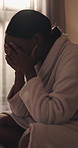 Black woman, morning and anxiety with depression in bedroom for mistake, fear or financial loss. Disappointed, panic or female person in home with stress for mental health crisis, debt or pressure