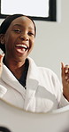 Mirror, dance and black woman singing in bathroom for morning routine, excited or rhythm with energy. Music, reflection and person in home for beauty, karaoke performance and grooming for self care