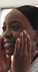 Smile, black woman and skincare with face cream in bathroom for moisturizer or cosmetics in home. Female person, happy and beauty with facial lotion for anti aging, treatment or soft skin in house