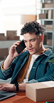 Phone call, boxes and man with laptop for ecommerce, connection or distribution for sales or invoice. Package, entrepreneur and person with tech for logistics, inventory and service for shipping info