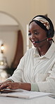 Remote work, headset and black woman typing on laptop for online education, course or talking. Computer, freelance teacher and communication for elearning, virtual lesson and smile in home office
