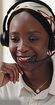 Black woman, microphone and call center for communication with talking, contact us or customer care. Female agent, headset and face in conversation for advice, help desk and client support at agency