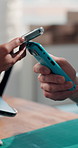 Payment, hands and people with pos machine, cellphone or transactions with small business. Closeup, smartphone or customer with purchase, fintech or buying with direct deposit or digital scanner