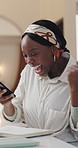 Remote work from home, fist pump and black woman with smartphone, excited and copywriting. African person, freelancer or journalist with cellphone, achievement and celebration with article submission