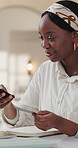 Black woman, cellphone and credit card in home, dance or excited for purchase success with online shopping. Female shopper, ecommerce and mobile app for web store, happy for discount or sale at house