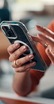 Phone, hands and woman in office with contact, communication or social media on mobile app. Technology, research and female person with cellphone for networking, chatting or texting in workplace.