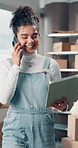 Woman, phone call and tablet for logistics, contact and happy for talk with distribution at workplace. Person, smartphone and tech with app, job or discussion with checklist for inventory management