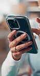 Phone, hands and woman in office with networking, communication or social media on mobile app. Technology, research and female person with cellphone for contact, chatting or texting in workplace.