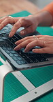 Hands, keyboard and laptop with business person at desk in office for planning, report or research. Computer, productivity and typing with employee in workplace for email, feedback or review