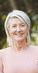 Mature woman, face and fitness in woods for break, outdoor walk and retirement health. Female person, smile and portrait with exercise routine rest in forest for morning, cardio and workout in nature