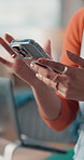 Cellphone, hands and woman in office with networking, communication or social media on mobile app. Technology, research and female person with phone for contact, chatting or texting in workplace.