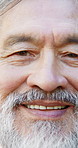Happy, face and senior man with closeup to relax outdoor with positive, good and confident attitude. Smile, portrait and elderly male person with retirement, resting and break in nature or park