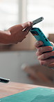 Payment, hands and people with pos machine, smartphone and customer experience with small business. Closeup, employee and client in store, purchase and buying with transactions and digital scanner