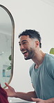 Happy, man and laughing in bathroom at house with partner, getting ready and bonding together. Smile, couple and talking with funny joke, morning discussion and grooming routine for hygiene wellness