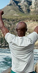 Success, fitness and back of black man outdoor for freedom, runner and lap time goal. Workout achievement, training pride and exercise with person in nature for winner, victory and athlete target