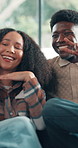 Couple, selfie and peace sign on sofa, smile and bonding with post on web, memory and love in home. African man, woman and happy with photography, profile picture and emoji on couch at apartment