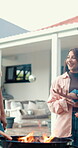 BBQ, friends or people in backyard with fire, bonding or good time in outdoor celebration. Happiness, men or women at house with food preparation, reunion or fun conversation in social gathering.