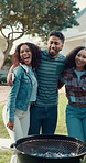 Photograph, backyard and friends at party for barbecue, social gathering and hangout on weekend. Laugh, celebrate and men and woman with grill for bonding, connection and picture for memory together