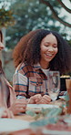 Women, friends and laughing at backyard picnic with food, drinks and bonding at weekend celebration. Happy, holiday and people at table together for bbq, reunion and relax at outdoor social gathering