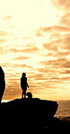 Woman, silhouette and sunset for hiking on mountain for fitness, travel adventure and fresh air. Female person, dog and space for trekking journey, summit challenge and sightseeing to explore nature