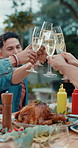 Friends, toast champagne and outdoor for thanksgiving celebration, bonding and reunion in backyard. People, group and holiday with drinks, glasses and sparkling wine for party with food in garden