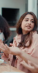 People, friends and conversation at backyard picnic for thanksgiving, bonding or gossip at celebration. Holiday, talking and woman at table for bbq, reunion and relax at outdoor social gathering