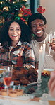 Happy, couple and picture at Christmas party for photography, reunion and bonding together. Smile, people and champagne for photo at lunch, social gathering and festive memory for new years at house