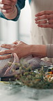 Cooking, chicken and lunch with hands in kitchen of home for meal prep, herbs and healthy food. Nutrition, wellness and recipe with people helping in house for ingredients, diet and organic snack